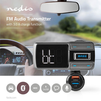 FM-Transmitter voor in de Auto | Bluetooth&reg; | Bass Boost | microSD-Kaartsleuf | Handsfree Bellen | Spraakbediening | 3,0 A / 2,4 A