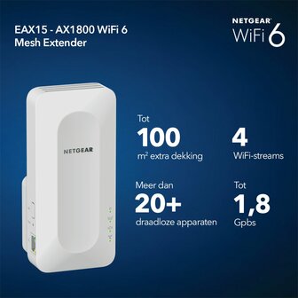 NETGEAR EAX15 | Wi-Fi 6 Mesh Extender | Dual-band | 1800 Mbps | Gigabit Ethernet | Wit