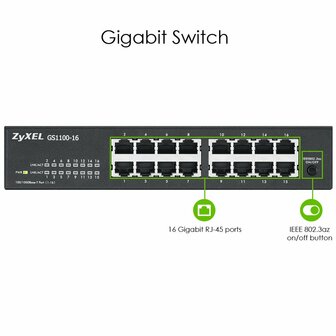 Zyxel GS1100-16 | Unmanaged Switch | 16-poorts Gigabit Ethernet | Zwart
