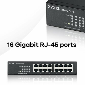 Zyxel GS1100-16 | Unmanaged Switch | 16-poorts Gigabit Ethernet | Zwart