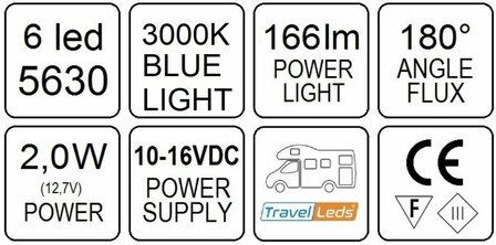 Travelleds inb spot Ch 80mm 6 Leds 3K+blauw touch klem