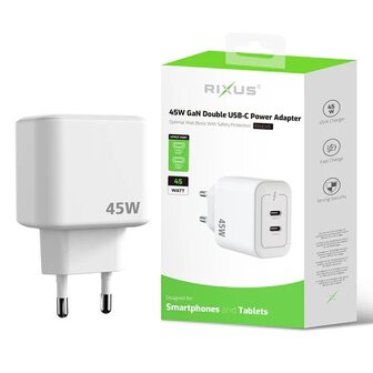 Rixus RXHC45 45W GaN Double USB-C Power Adapter White