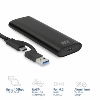 ACT AC1615 | USB-C M.2 NVMe/PCIe SSD Behuizing | Tool-Free | Aluminium | USB 3.2 Gen2 (10 Gbps)