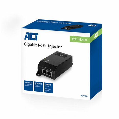 ACT AC4438 | Gigabit PoE+ Injector | 30W | IEEE 802.3af/at | 1x LAN