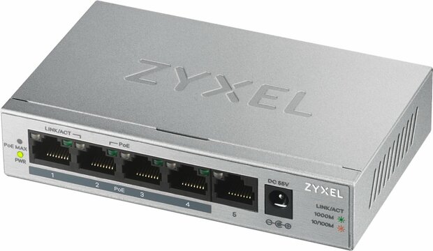 Zyxel GS1005HP | Unmanaged Switch | 5 Poorten | Gigabit Ethernet | PoE | Zilver