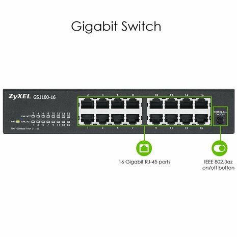 Zyxel GS1100-16 | Unmanaged Switch | 16-poorts Gigabit Ethernet | Zwart