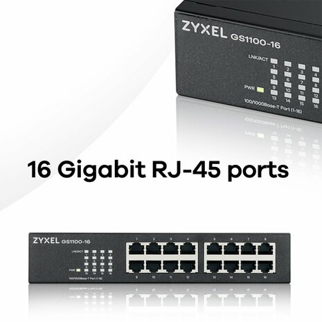 Zyxel GS1100-16 | Unmanaged Switch | 16-poorts Gigabit Ethernet | Zwart
