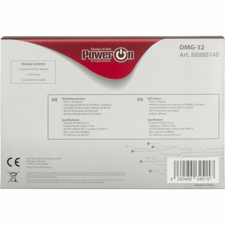 Inter-Tech DMG-32 | Interne WLAN-adapter | PCIe x1 | Wi-Fi 5 (802.11ac) | Dual-band 2,4 & 5 GHz | 650 Mbps | 2x 2dBi antennes