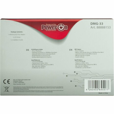 Inter-Tech DMG-33 | Wi-Fi 5 PCIe Adapter | Dual-band (2,4 GHz / 5 GHz) | 1300 Mbps | PCIe x1