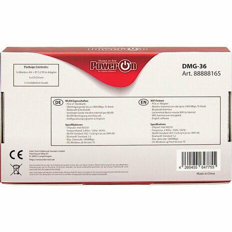 Inter-Tech DMG-36 Interne Adapter | WLAN: 802.11 a/b/g/n/ac/ax (Wi-Fi 6E) | Tot 5400 Mbit/s | Bluetooth 5.2