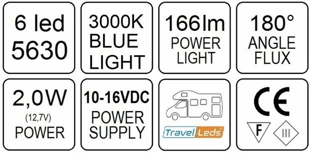 Travelleds inb spot Ch 80mm 6 Leds 3K+blauw touch klem