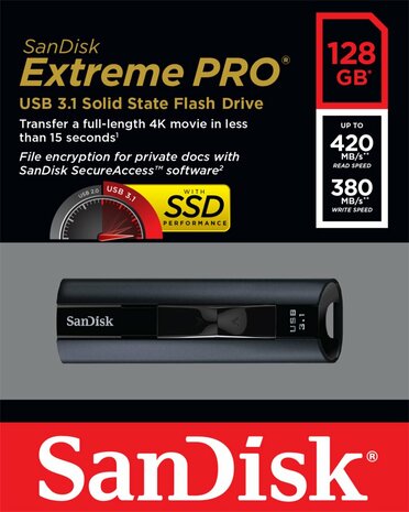 SanDisk Extreme Pro | 128GB USB-A 3.2 Flash Drive | Zwart
