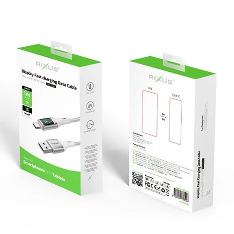 Rixus RXUC29AC Braided USB-A To USB-C Cable With LED Display 100CM White