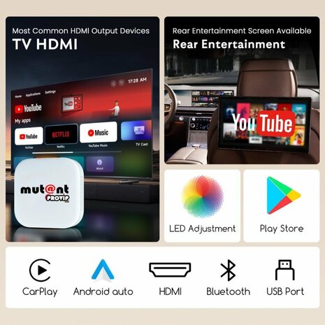 Mutant Provip Box &ndash; Draadloze CarPlay- en Android Auto-adapter met HDMI voor entertainment in de auto