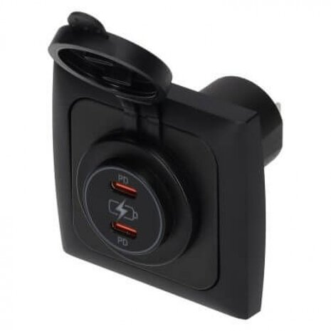 Power Line 2x USB-C PD 36W lader met afdekraam camper en caravan zwart