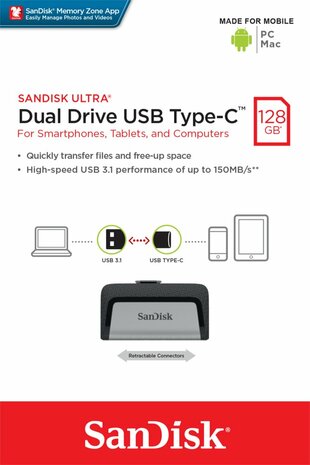 SanDisk Ultra Dual Drive USB Type-C USB flash drive 128 GB USB Type-A / USB Type-C 3.2 Gen 1 (3.1 Gen 1) Zwart, Zilver