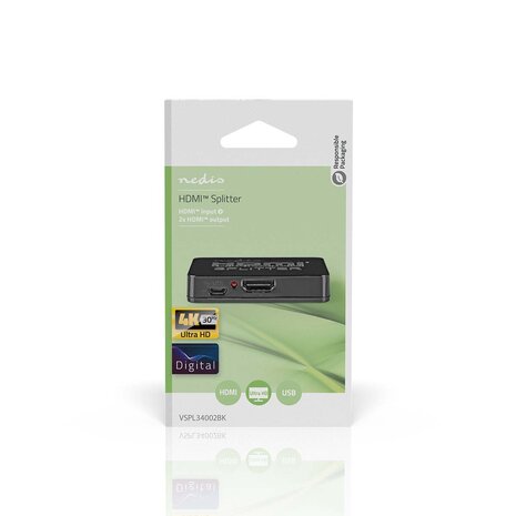 HDMI Splitter  2 poort(en) 2x HDMI Output  4K@30Hz 2.25 Gbps ABS PVC Zwart