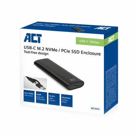 ACT AC1615 | USB-C M.2 NVMe/PCIe SSD Behuizing | Tool-Free | Aluminium | USB 3.2 Gen2 (10 Gbps)
