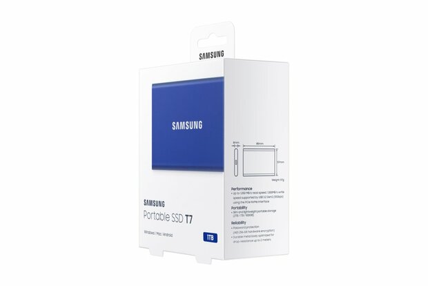 Samsung T7 | Externe SSD | 1TB | USB 3.2 Gen2 | 1.050MB/s Lezen | 1.000MB/s Schrijven | Blauw