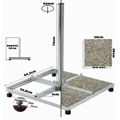 ASAT Tegelvoet / Balkon standaard 4 x 30x30 cm Demontabel met buis lengte 75 cm (verlengbaar)