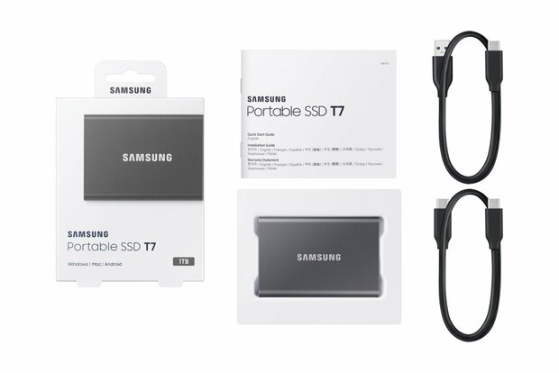Samsung T7 | Externe SSD | 1TB | USB 3.2 Gen2 | 1.050MB/s read | 1.000MB/s write | Grijs