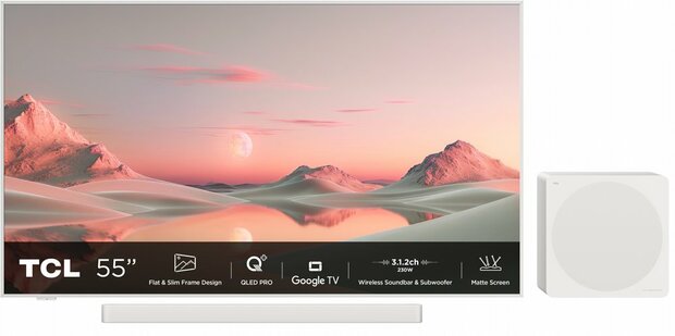 TCL NXTFRAME 55A300PRO | 55" 4K Ultra HD QLED Smart TV | Google TV | Inclusief Soundbar & Subwoofer | Dolby Vision IQ | 120Hz