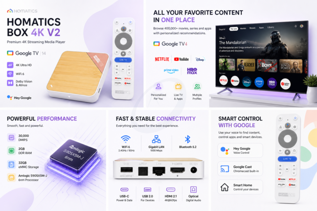 HOMATICS Box 4K V2 Google TV 14 Streaming Media Player WiFi 6 