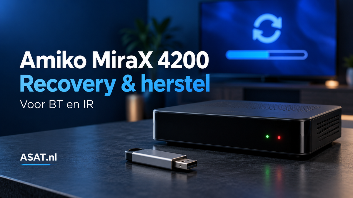 Amiko MiraX 4200 recovery en herstel voor BT en IR – ASAT illustratie met ontvanger en USB-stick