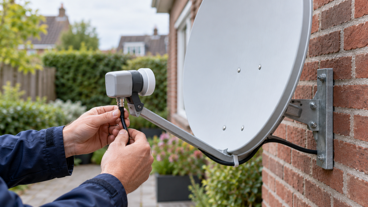 Illustratieve afbeelding van een monteur die de coaxkabel bij de LNB van een schotelantenne controleert