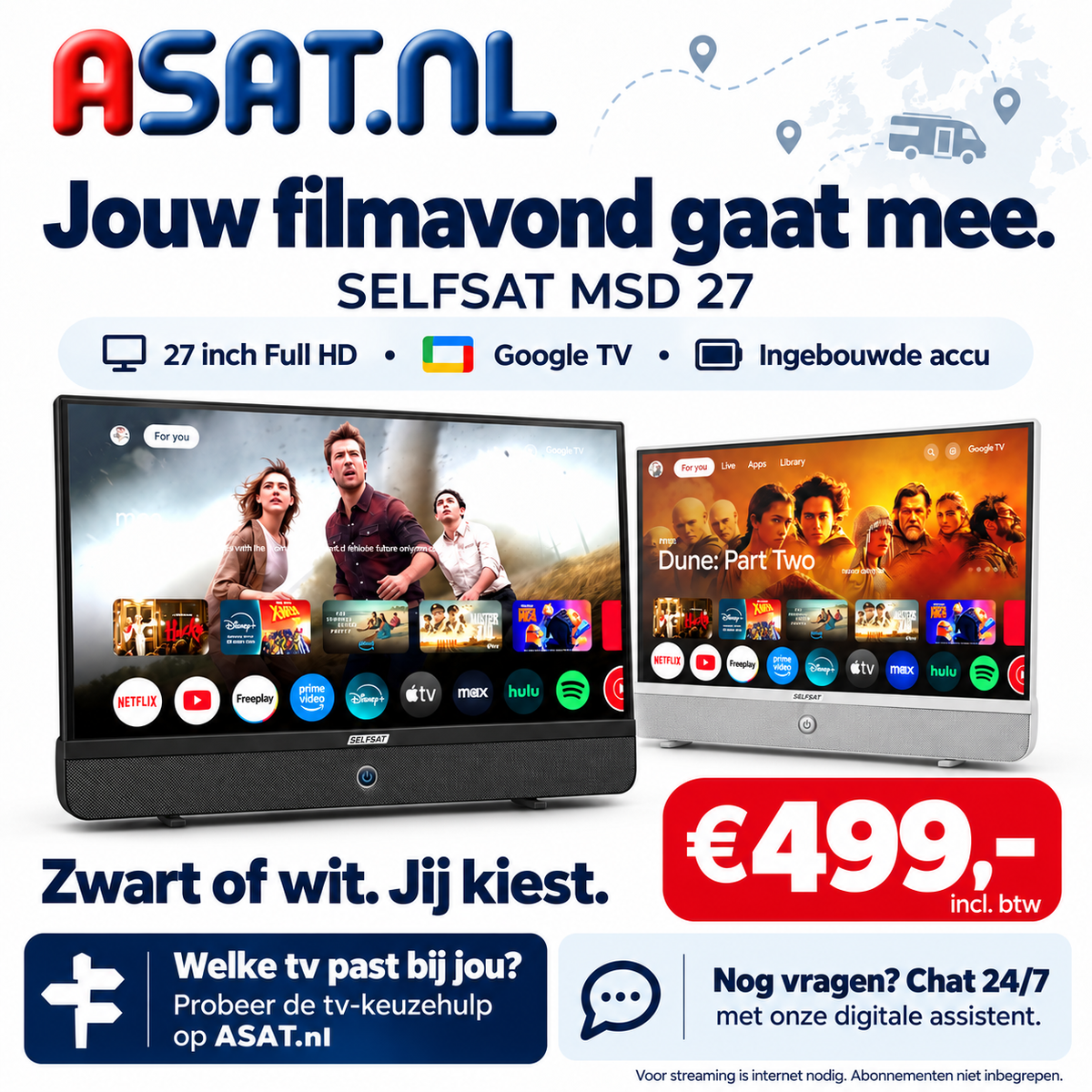 Selfsat MSD 27 in zwart en wit met tv-keuzehulp en 24/7 digitale assistent