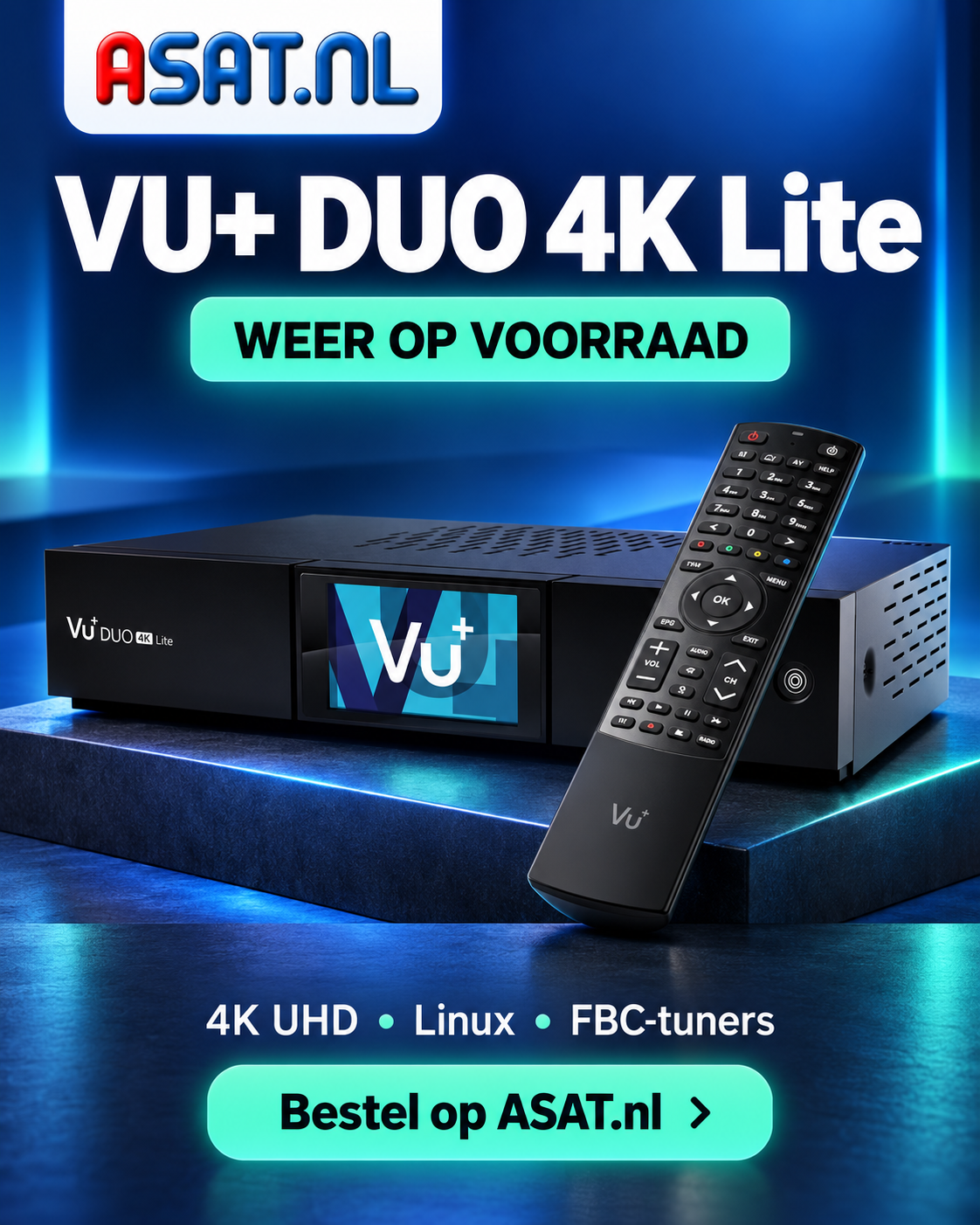 ASAT.nl – VU+ DUO 4K Lite met afstandsbediening, weer op voorraad