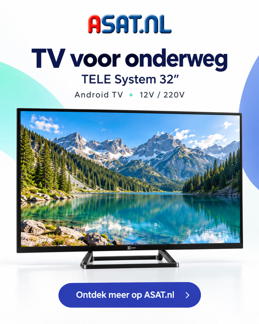TELE System 32-inch Android TV op de originele voet, met landschapsbeeld, in ASAT-huisstijl. AI-composiet.