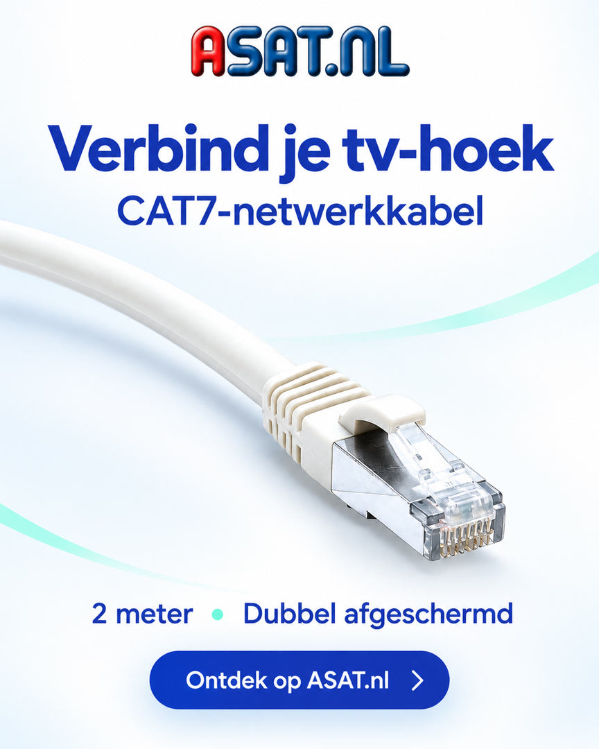 Witte CAT7-netwerkkabel met RJ45-connector, 2 meter en dubbel afgeschermd, in ASAT-stijl. AI-composiet op basis van de productfoto.