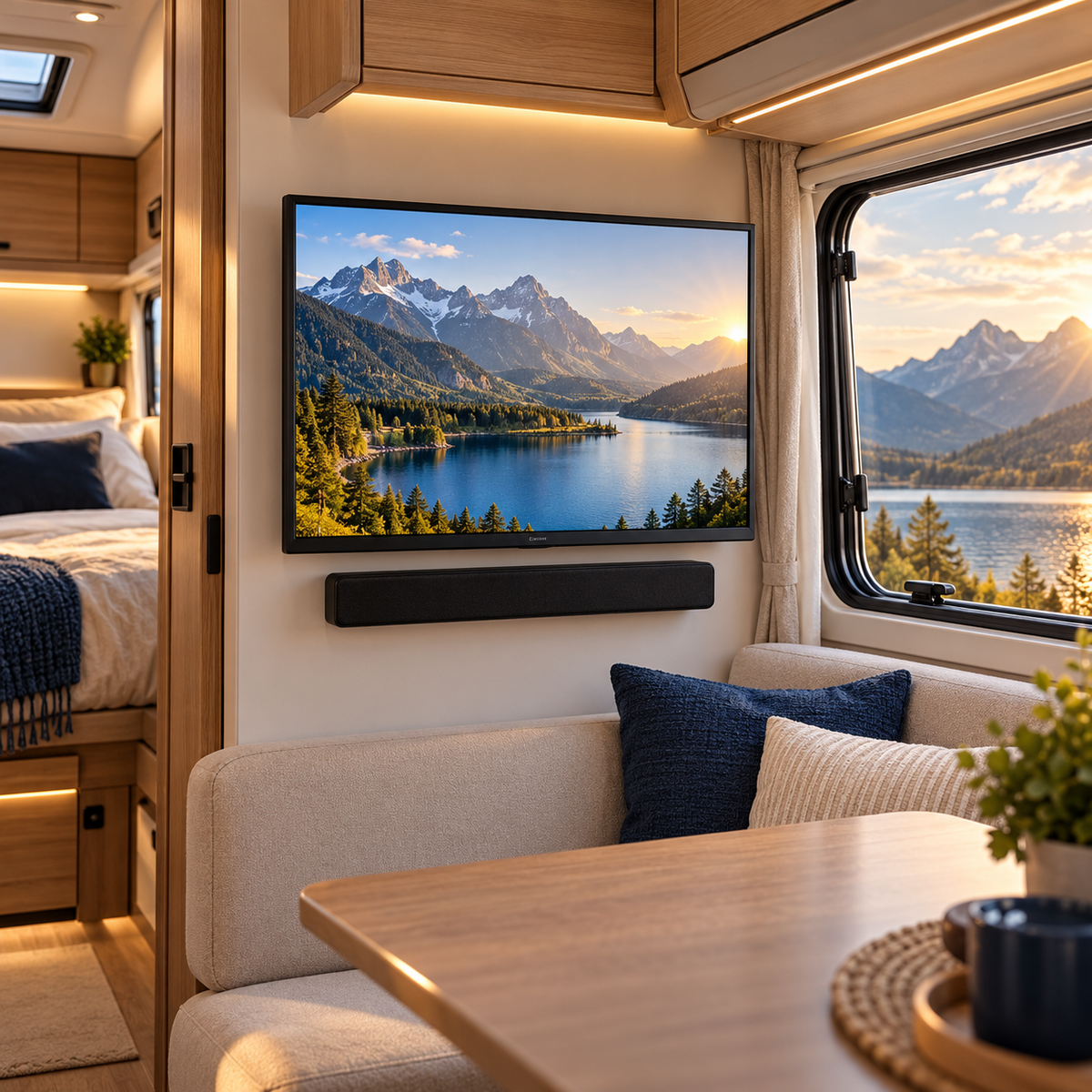 Tv met soundbar in een sfeervol camperinterieur met uitzicht op een bergmeer
