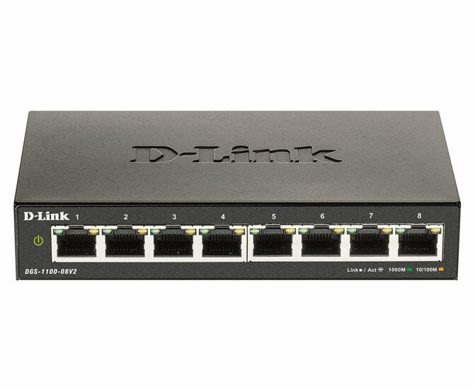 D-Link DGS-1100-08V2 | Managed L2 Smart Switch | 8 Ports | Gigabit Ethernet (10/100/1000 Mbps) | VLAN/QoS/IGMP Snooping | Fanless