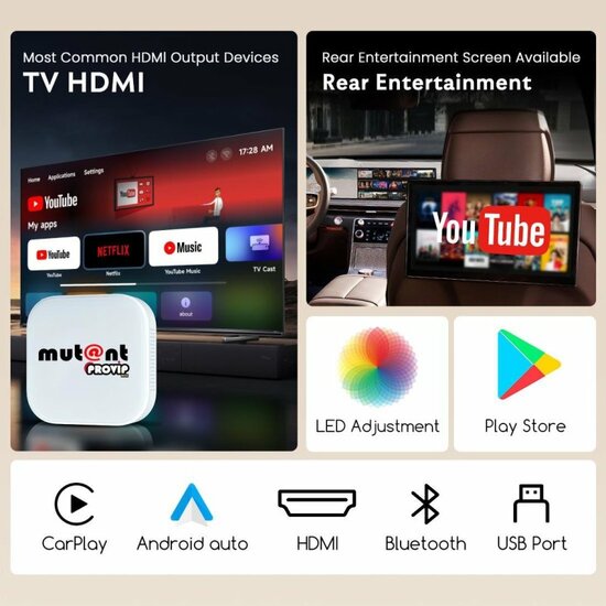 Mutant Provip Box – Draadloze CarPlay- en Android Auto-adapter met HDMI voor entertainment in de auto