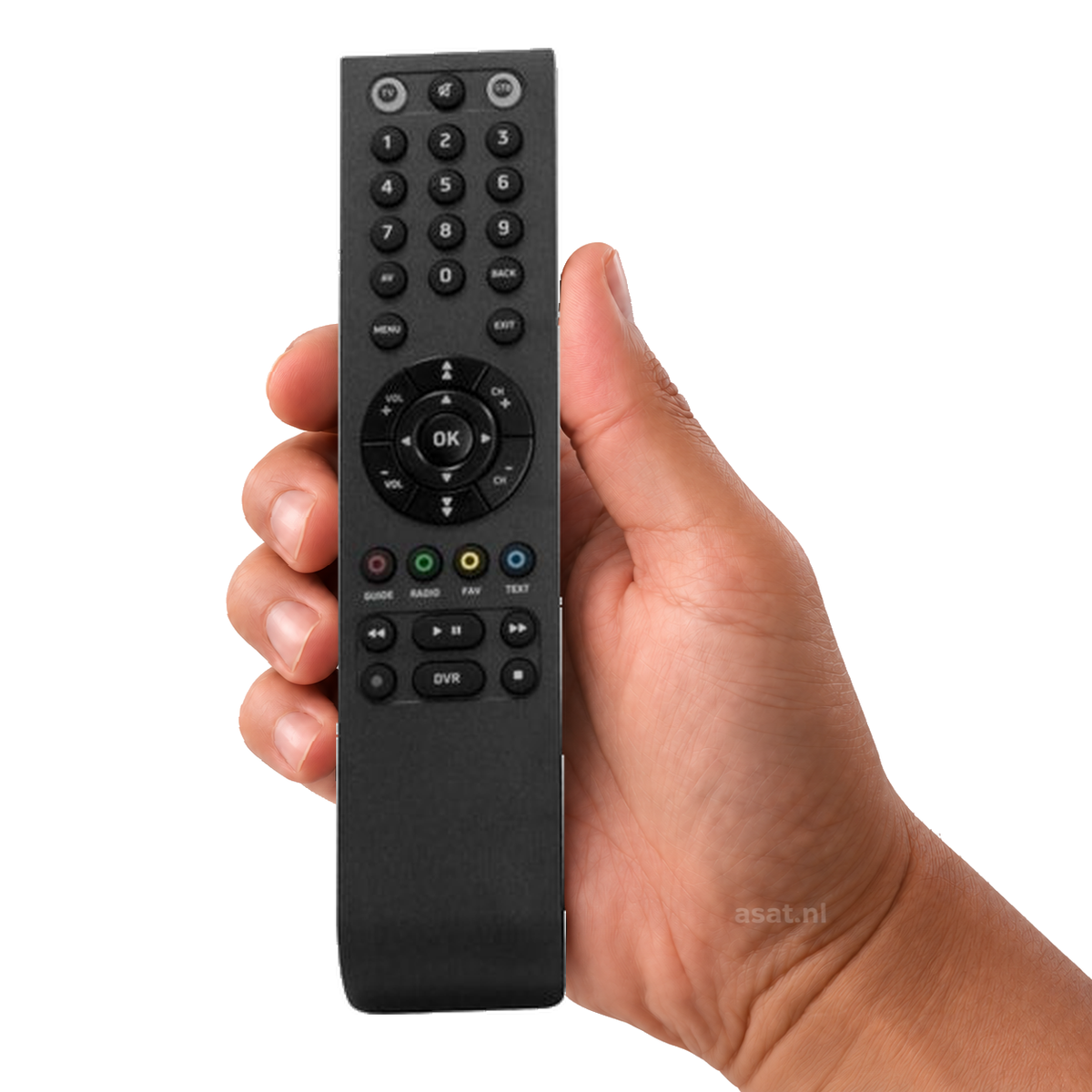 Afstandsbediening Philips 7141 / M7 SAT801 in de hand op witte achtergrond, met subtiel asat.nl-watermerk