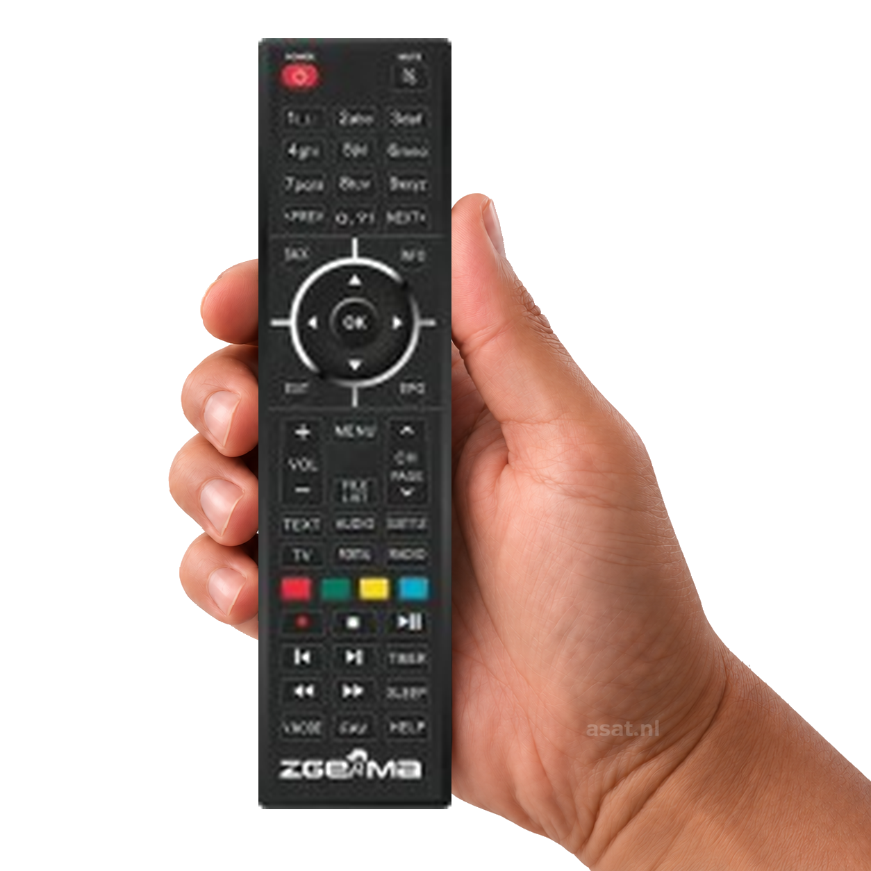 Zgemma H Serie Afstandsbediening in de hand op witte achtergrond, met subtiel asat.nl-watermerk