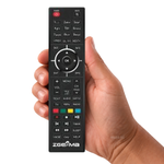 Zgemma H Serie Afstandsbediening in de hand op witte achtergrond, met subtiel asat.nl-watermerk