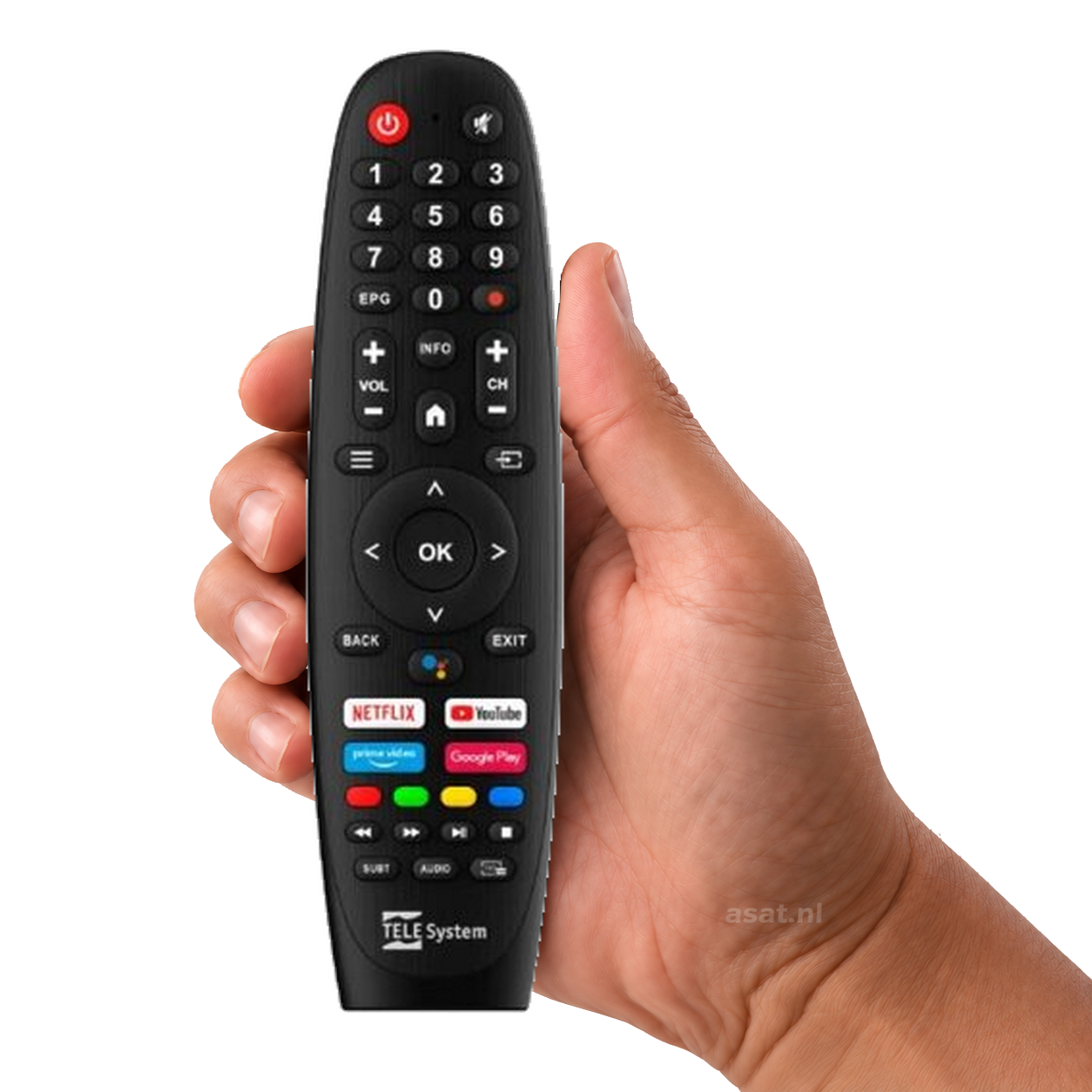 Afstandsbediening Telesystem Smart TV type 22/24/32 SMG-14 – originele afstandsbediening in de hand, witte achtergrond, asat.nl