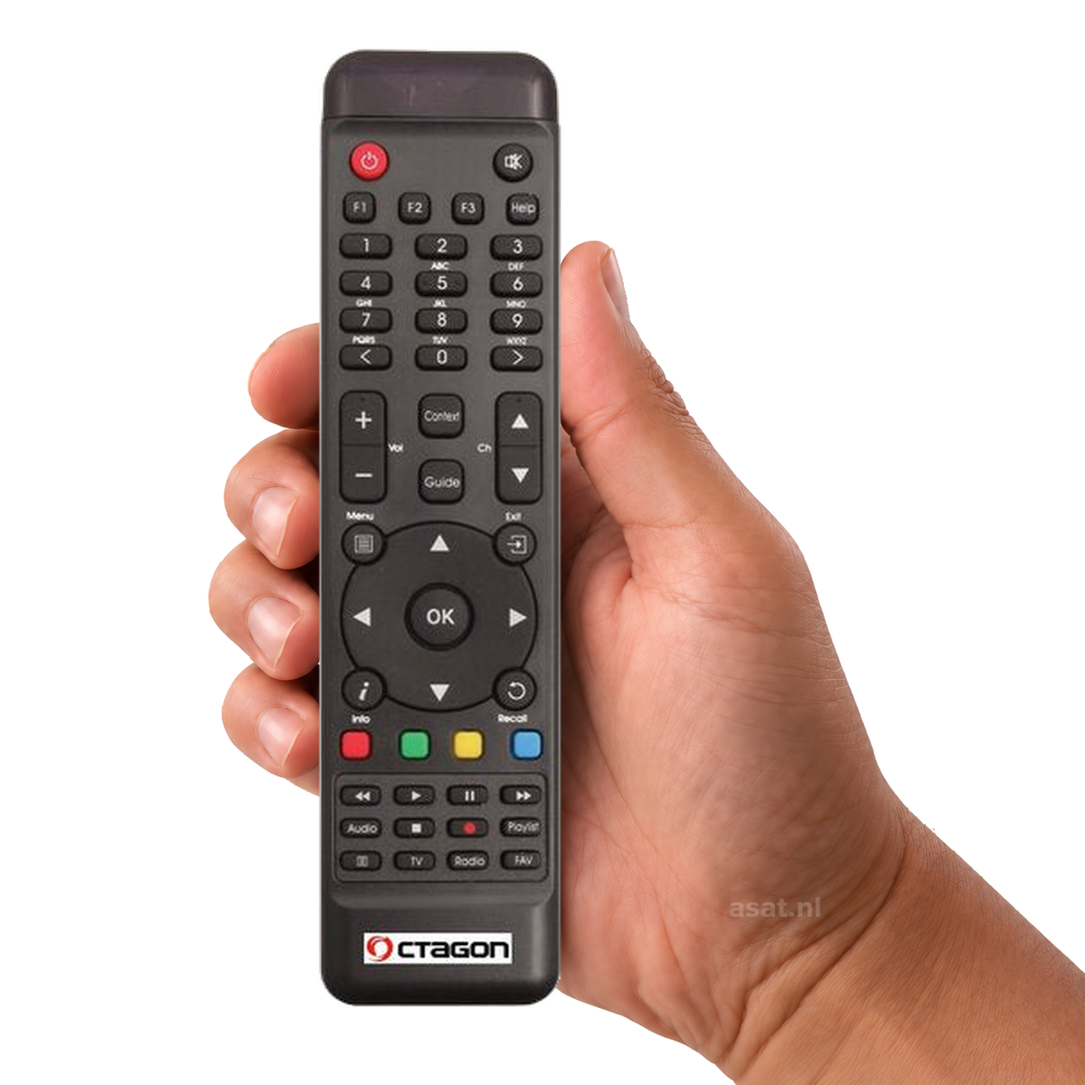 Afstandsbediening Maxdigital of Octagon XP1000 in de hand op witte achtergrond, met subtiel asat.nl-watermerk