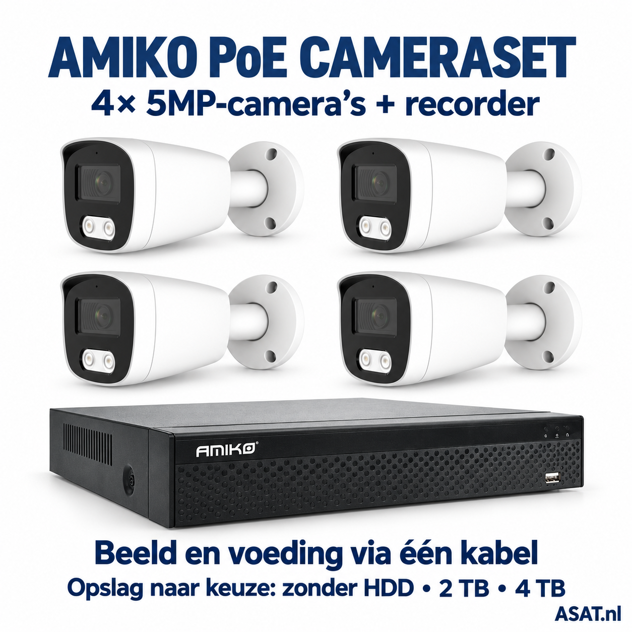 Amiko PoE cameraset: 4× 5MP-camera’s en recorder, beeld en voeding via één kabel, opslag zonder HDD, 2 TB of 4 TB