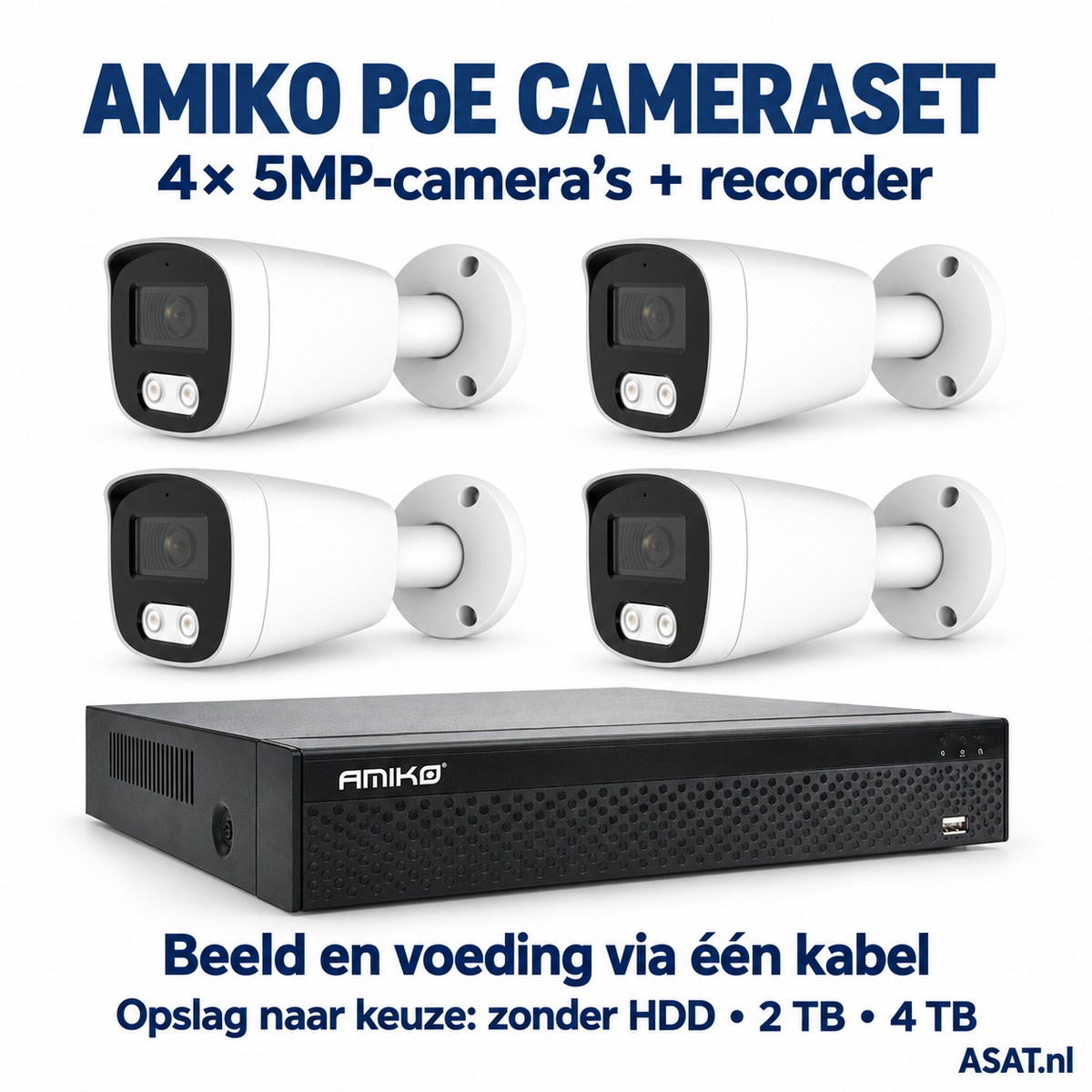 Amiko PoE cameraset: 4× 5MP-camera’s en recorder, beeld en voeding via één kabel, opslag zonder HDD, 2 TB of 4 TB