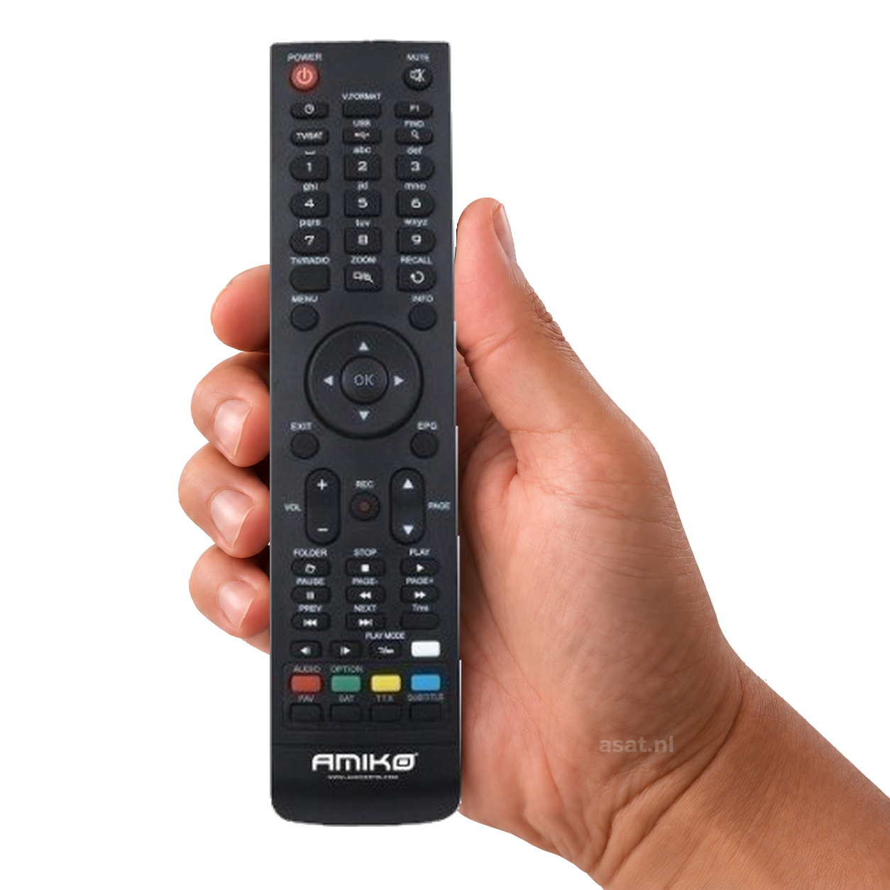 SAB en Amiko HD8xxx serie afstandsbediening in de hand op witte achtergrond, met subtiel asat.nl-watermerk