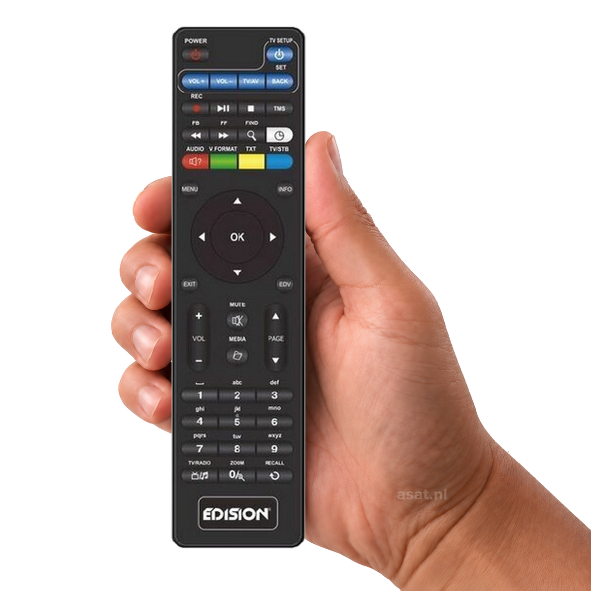 Edision Piccollo remote in de hand op witte achtergrond, met subtiel asat.nl-watermerk