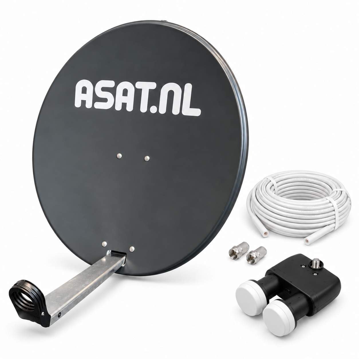 ASAT Astra 1 en 3 schotelset met antraciete 65 cm schotel, Duo LNB, 20 meter coaxkabel en twee F-connectoren