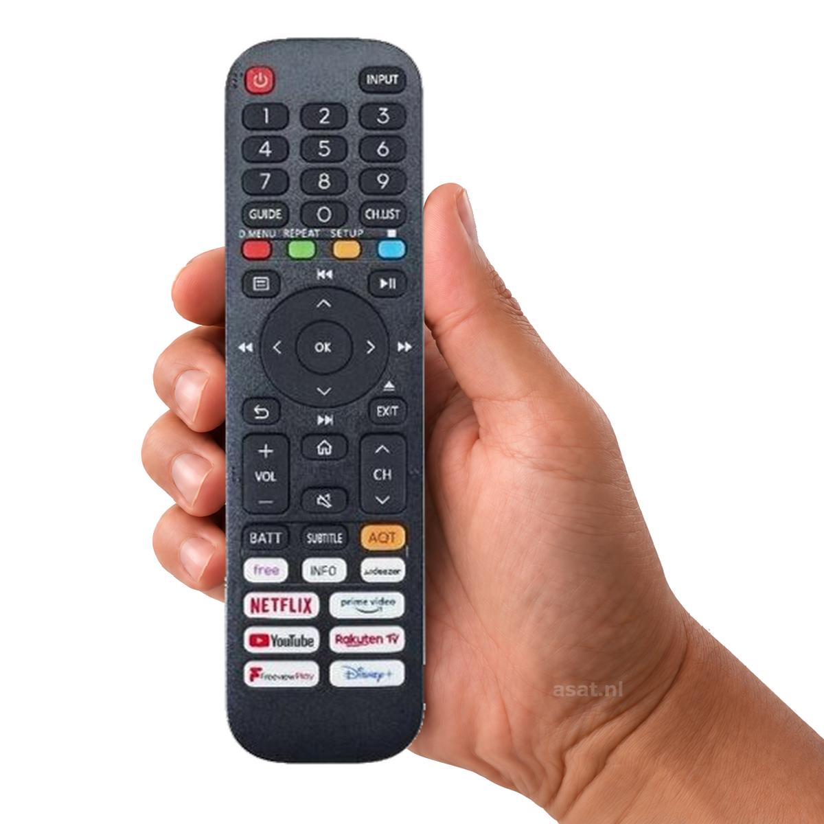 Avtex Vidaa afstandsbediening TV – originele afstandsbediening in de hand, witte achtergrond, asat.nl