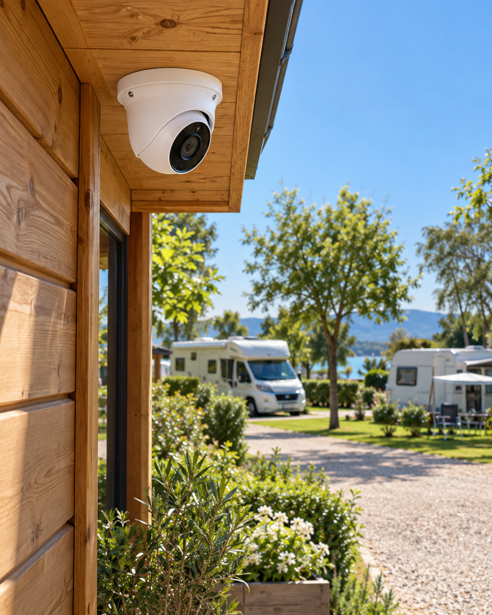 Beveiligingscamera bij een zonnige camping met campers en caravans