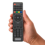 Denson afstandsbediening DS-1010 V4 / MINI V2 G – originele afstandsbediening in de hand, witte achtergrond, asat.nl