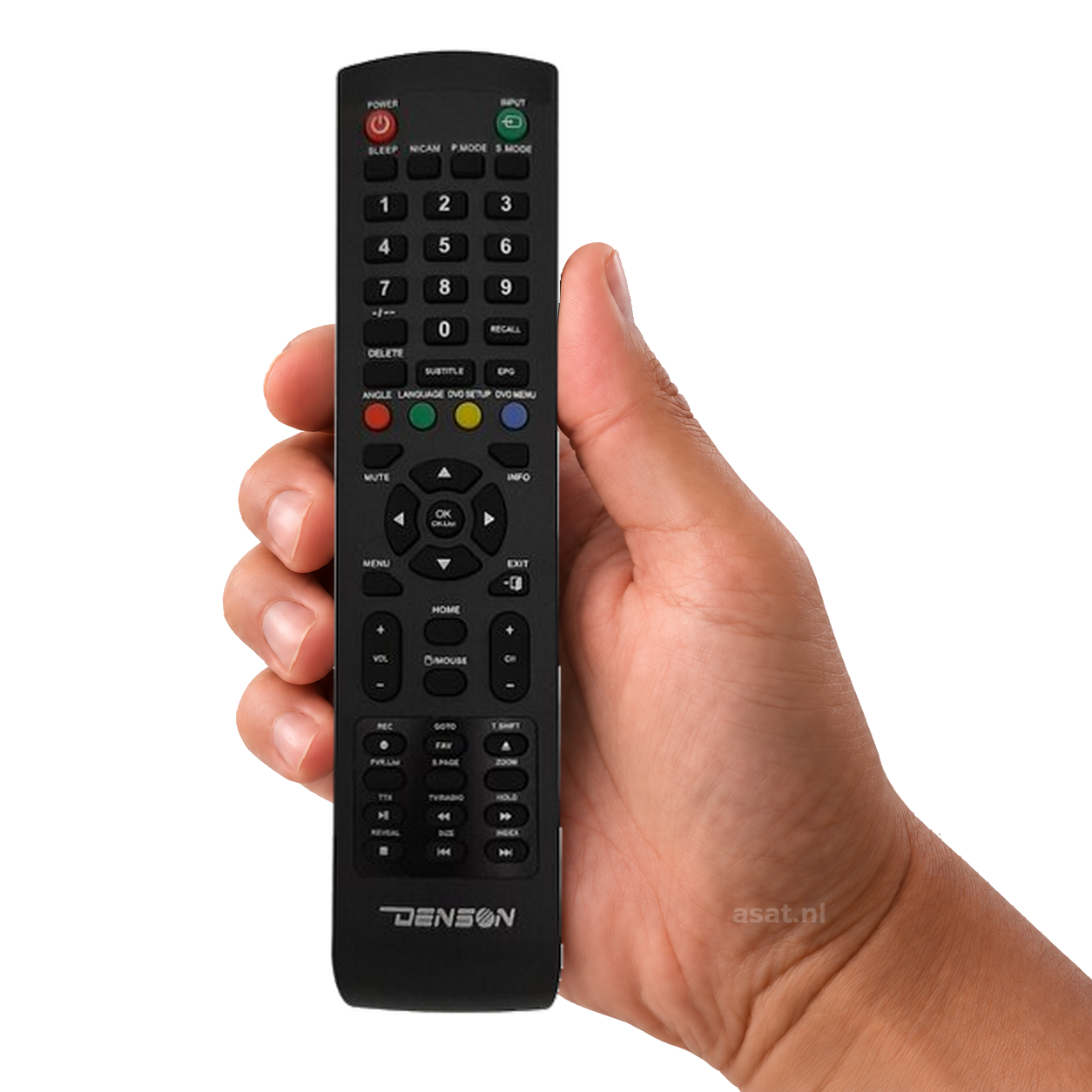 Denson remote DEN22/24 SMART – originele afstandsbediening in de hand, witte achtergrond, asat.nl
